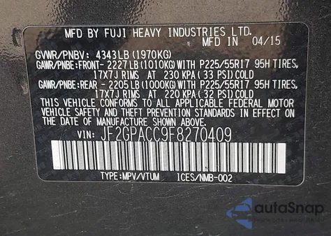 2015 Subaru Xv Crosstrek 2.0I Premium z USA, uszkodzony, nr VIN JF2GPACC9F8270409